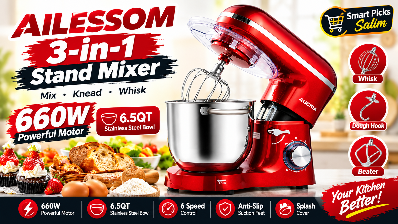 AILESSOM 3-in-1 Electric Stand Mixer (6.5QT, 660W)