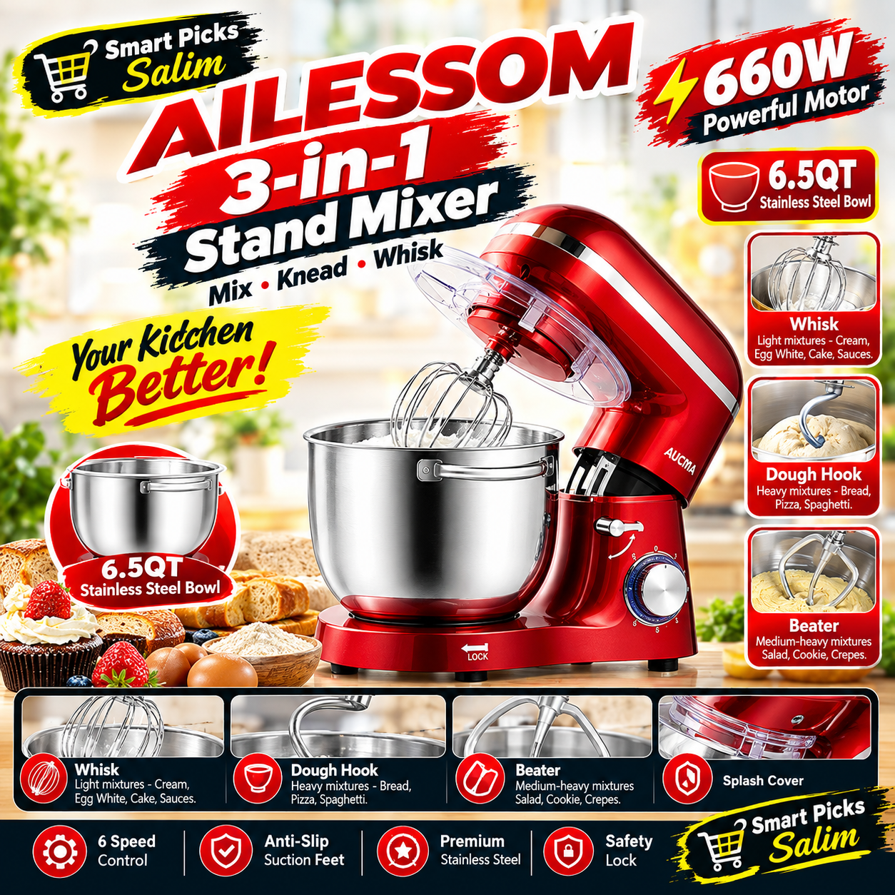 AILESSOM Stand Mixer Empire Red tilt-head design on kitchen counter