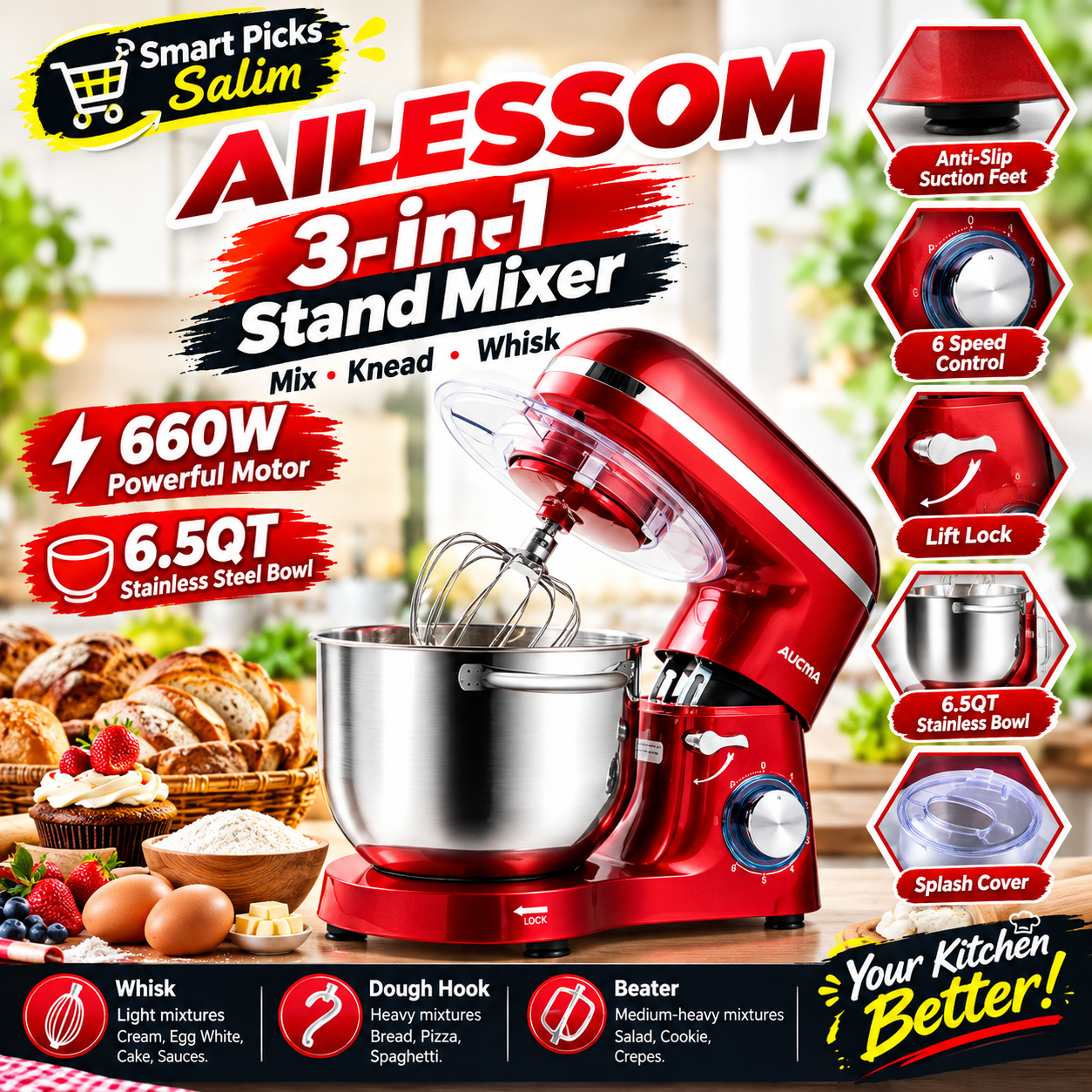 AILESSOM Stand Mixer kneading dough and baking hands-on use