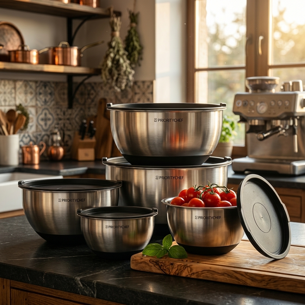 Close-up of Priority Chef stainless steel mixing bowl showing the non-slip silicone base for stable mixing