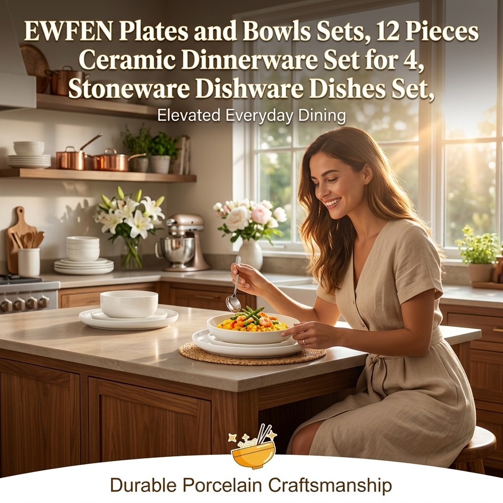 EWFEN white ceramic dinnerware set with sesame speckle design styled on a dining table
