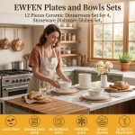 EWFEN Plates and Bowls Sets, 12 Pieces Ceramic Dinnerware Set