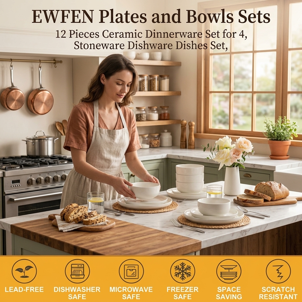 EWFEN ceramic dinnerware set stacked showing dinner plates, salad plates, and deep bowls