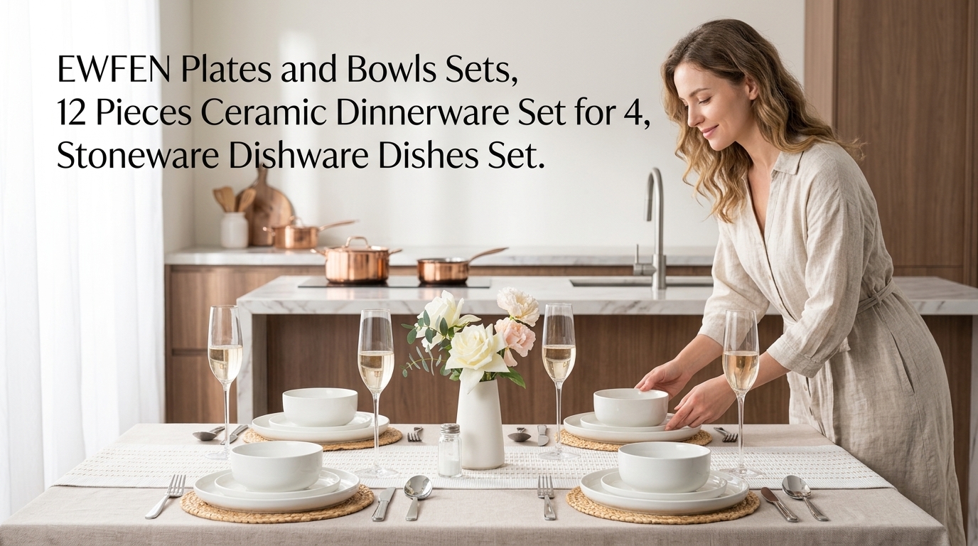 EWFEN Plates and Bowls Sets, 12 Pieces Ceramic Dinnerware Set
