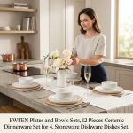 EWFEN Plates and Bowls Sets, 12 Pieces Ceramic Dinnerware Set