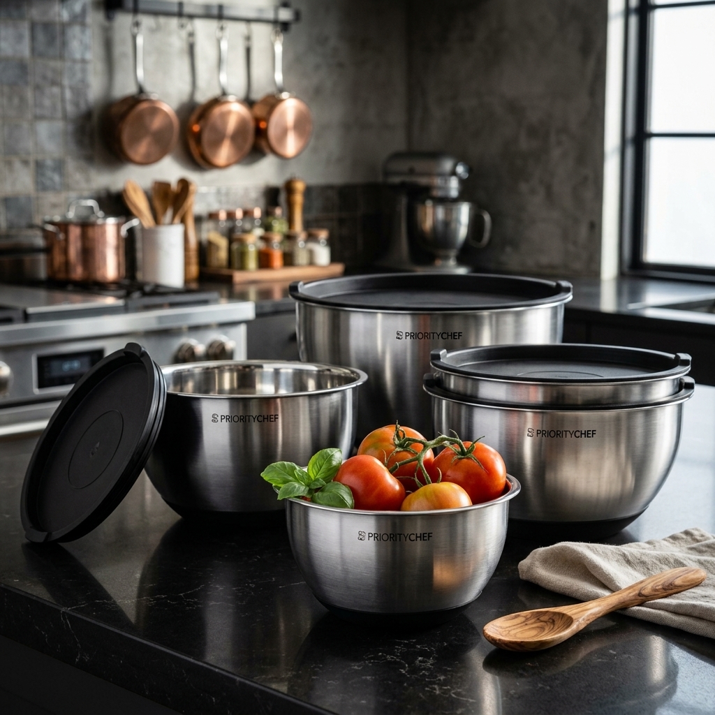 Priority Chef mixing bowls nested together showing etched measurement markings for baking prep