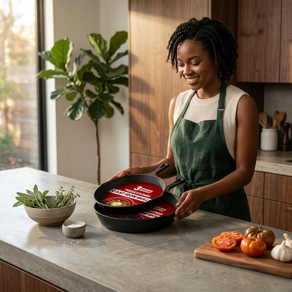 Utopia Kitchen cast iron skillet set being used on an outdoor grill